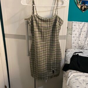 Green plaid mini spaghetti strap dress
